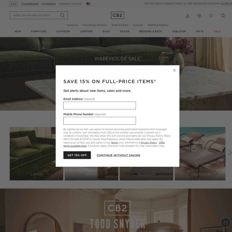 cb2.com homepage screenshot