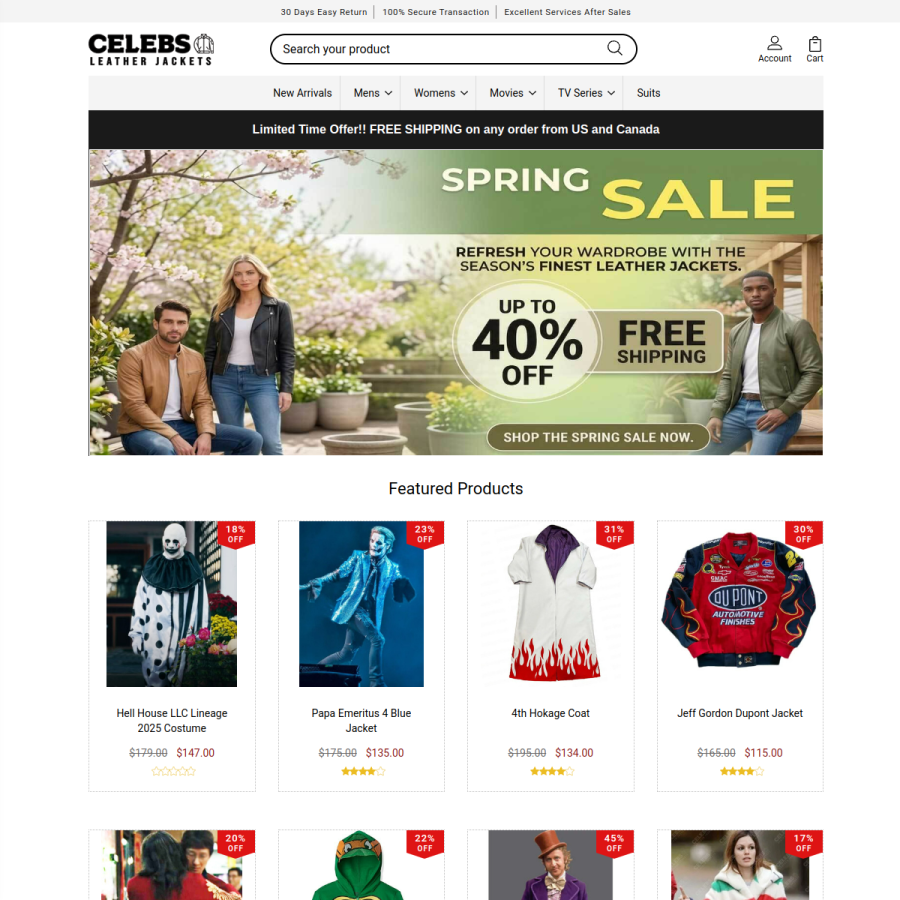 celebsleatherjackets.com homepage screenshot