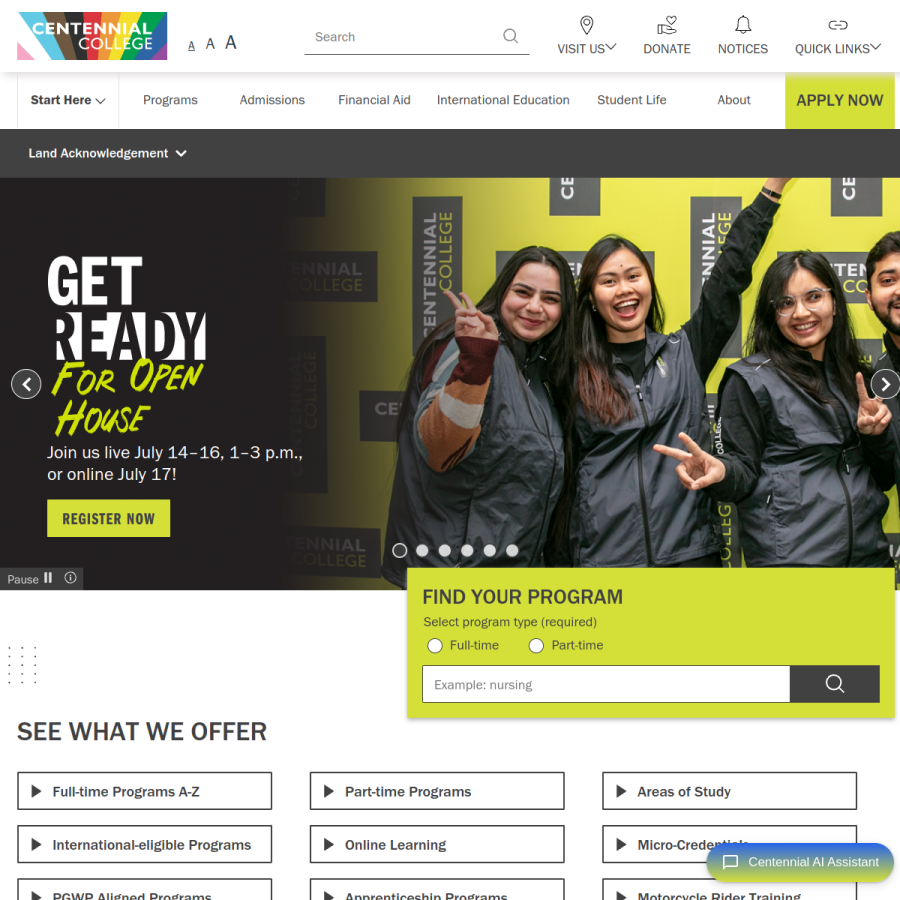 centennialcollege.ca homepage screenshot