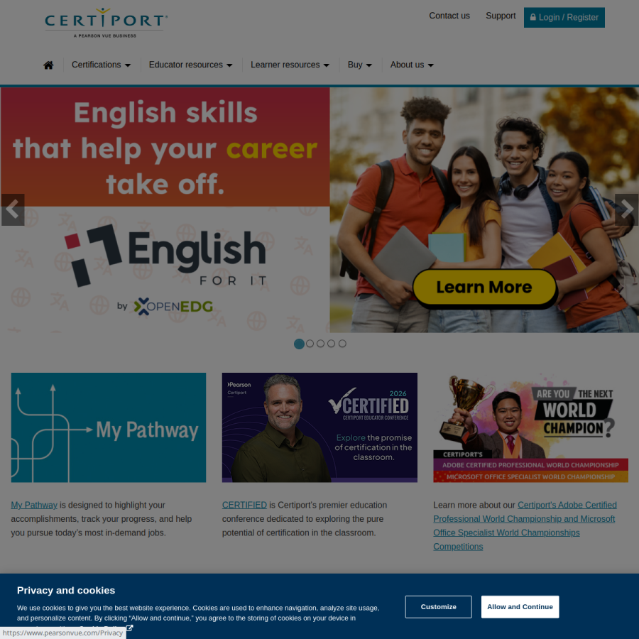 certiport.pearsonvue.com homepage screenshot