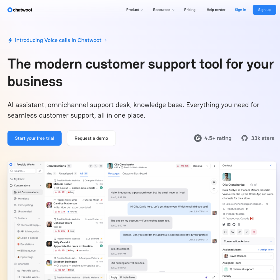 chatwoot.com homepage screenshot