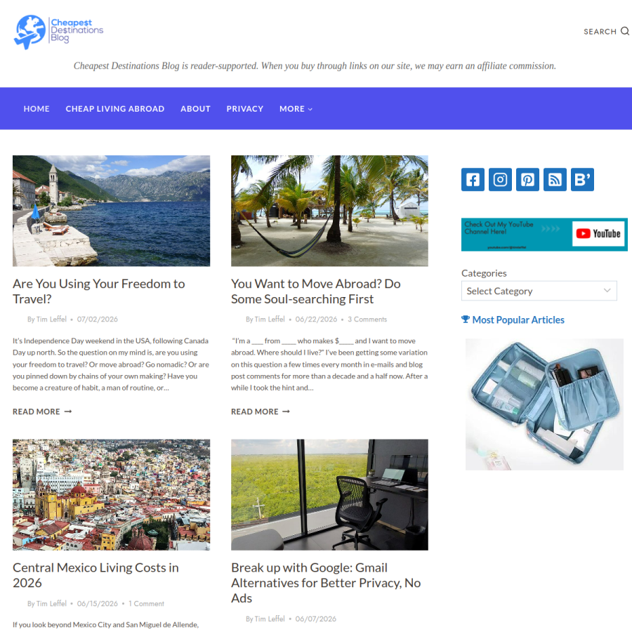 cheapestdestinationsblog.com homepage screenshot