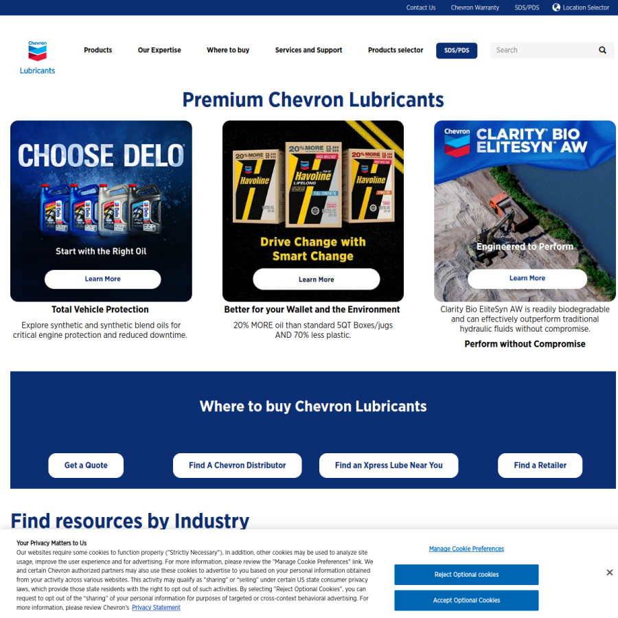 chevronlubricants.com homepage screenshot
