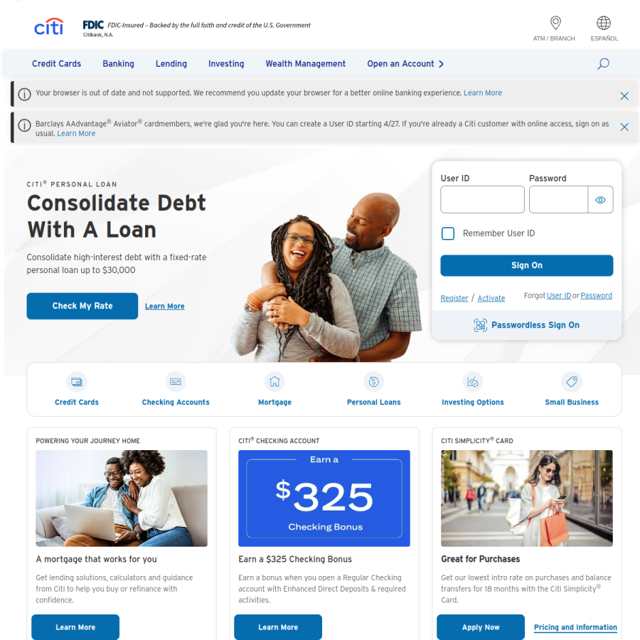 citi.com homepage screenshot