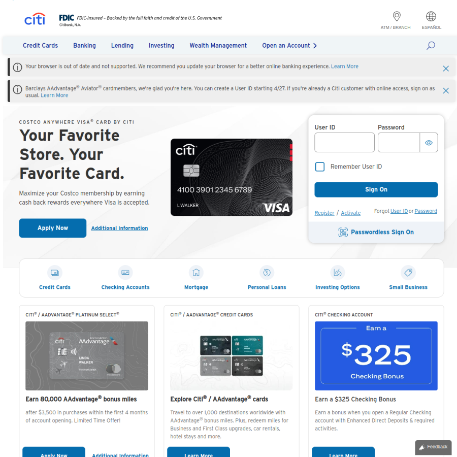 citibank.com homepage screenshot