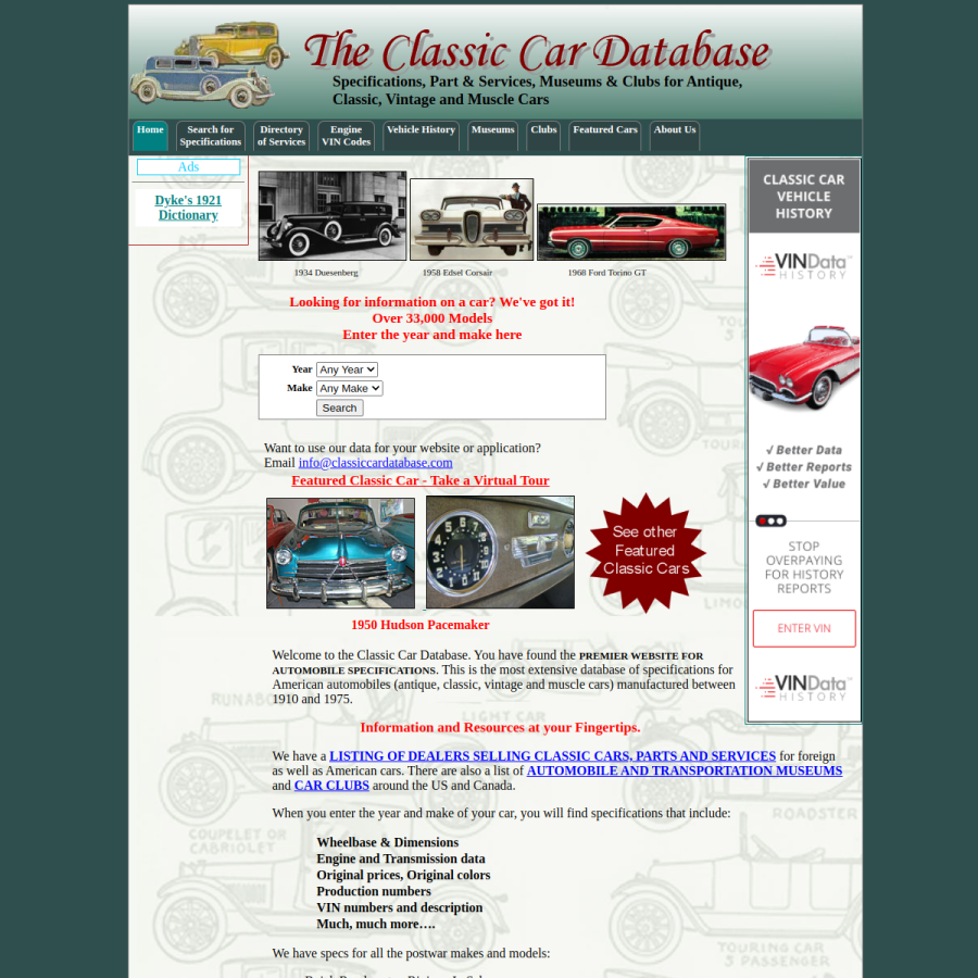 classiccardatabase.com homepage screenshot