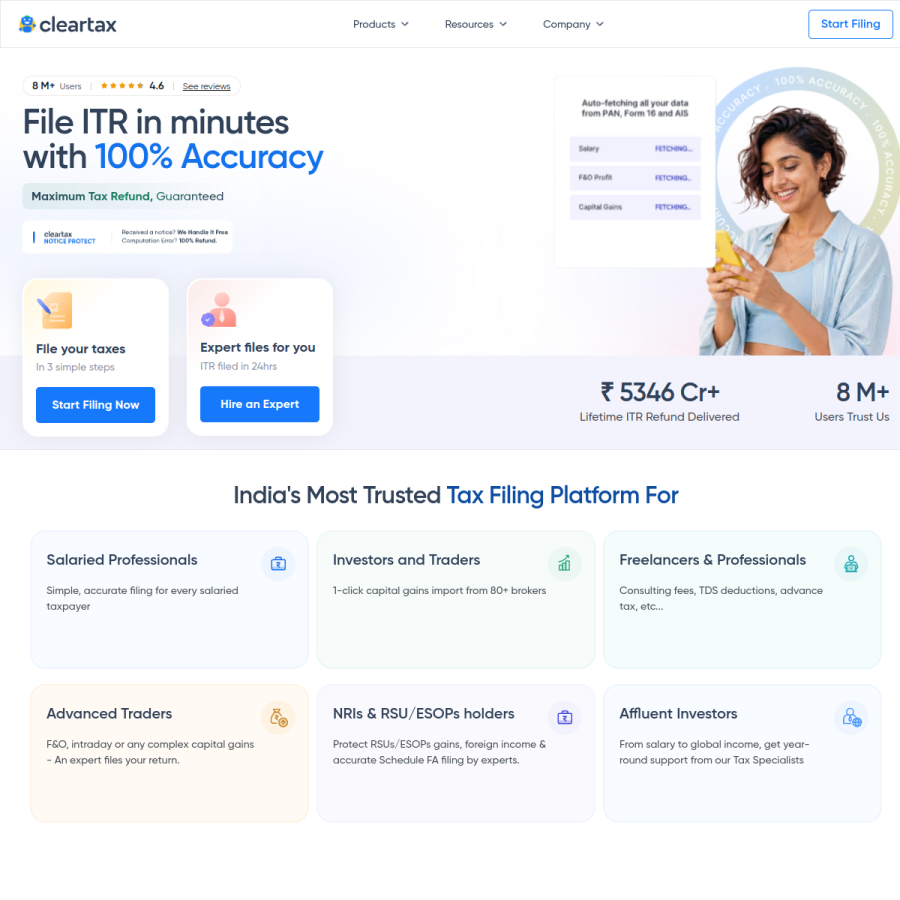 cleartax.in homepage screenshot