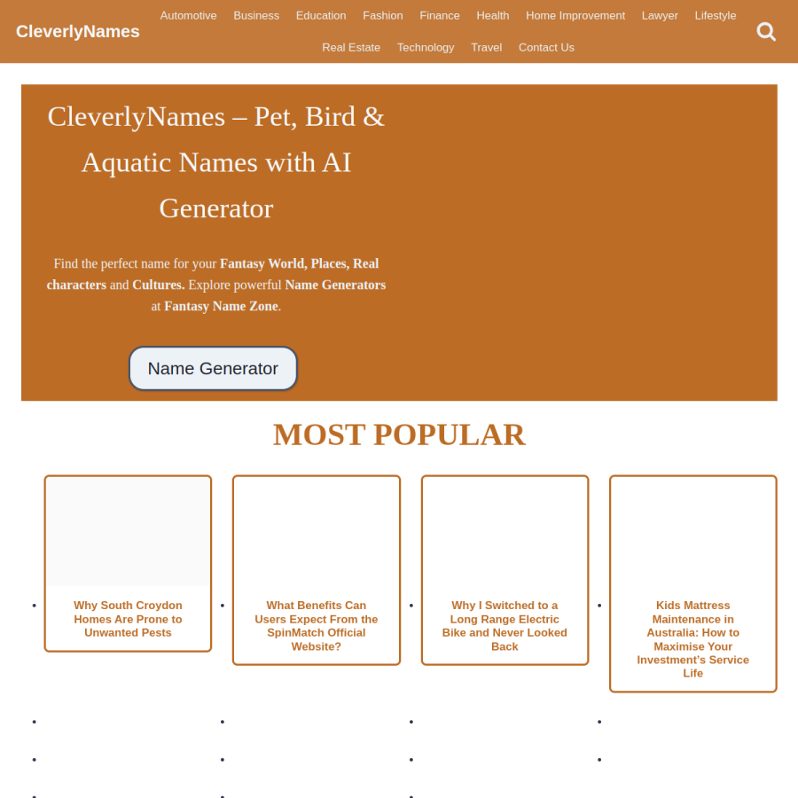 cleverlynames.com homepage screenshot