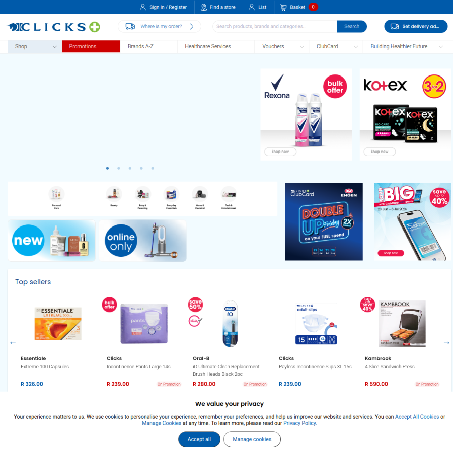 clicks.co.za homepage screenshot