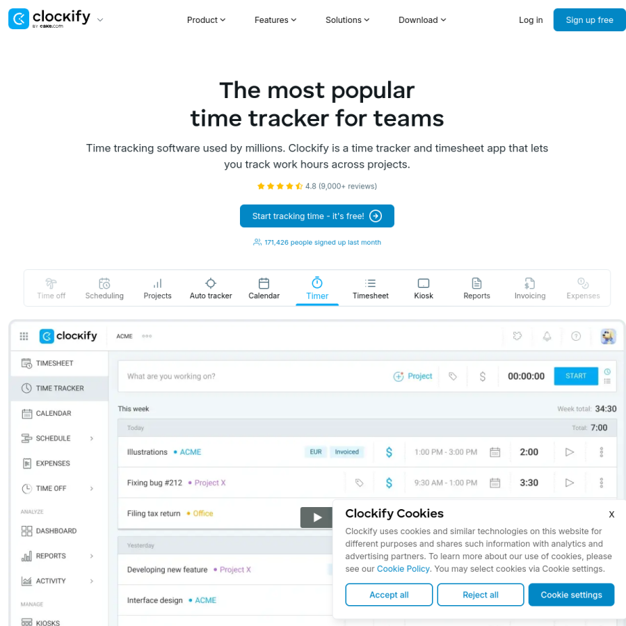 clockify.me homepage screenshot