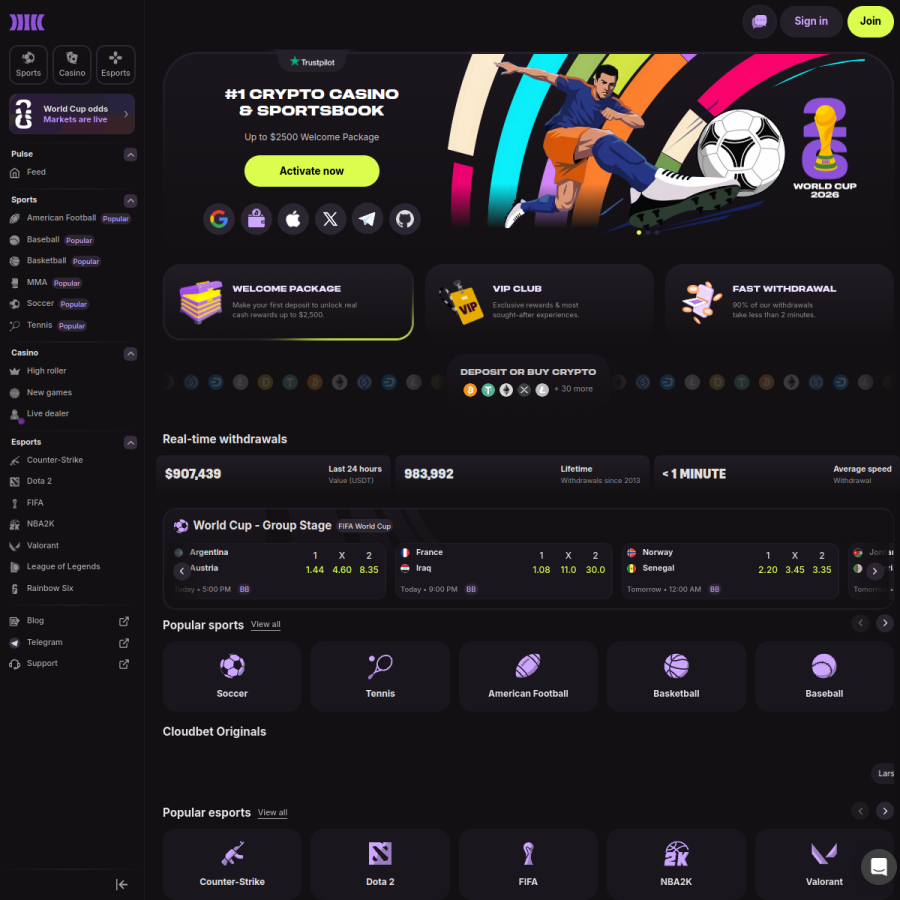 cloudbet.com homepage screenshot