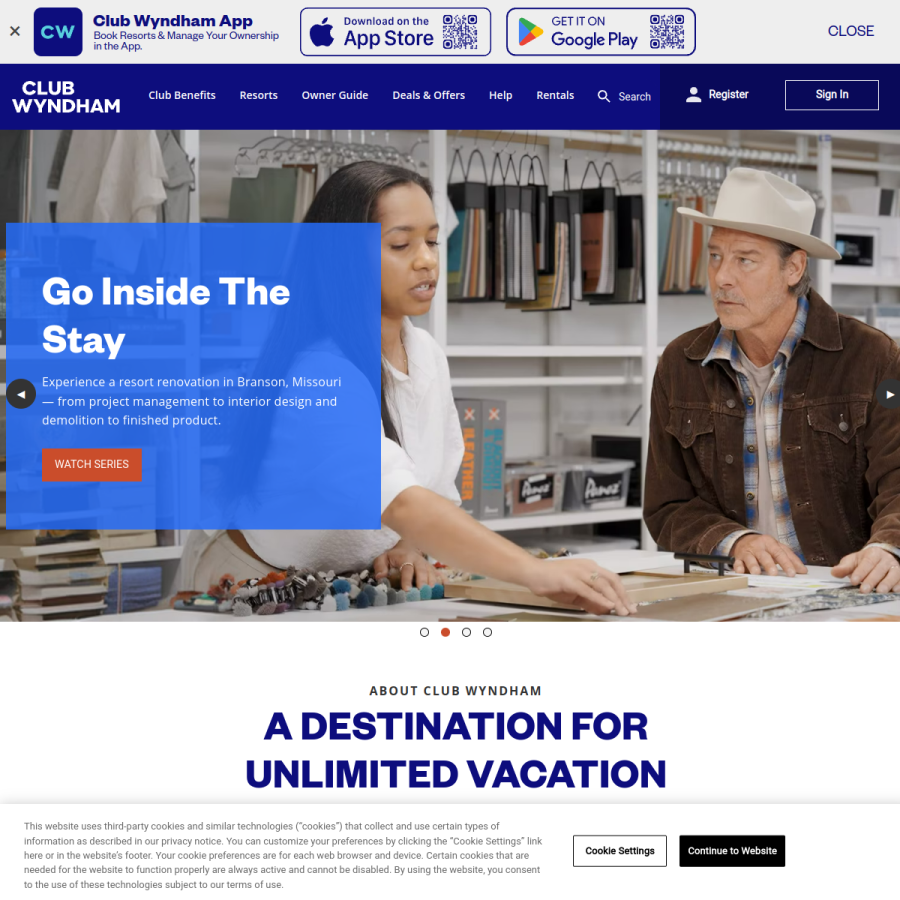 clubwyndham.wyndhamdestinations.com homepage screenshot