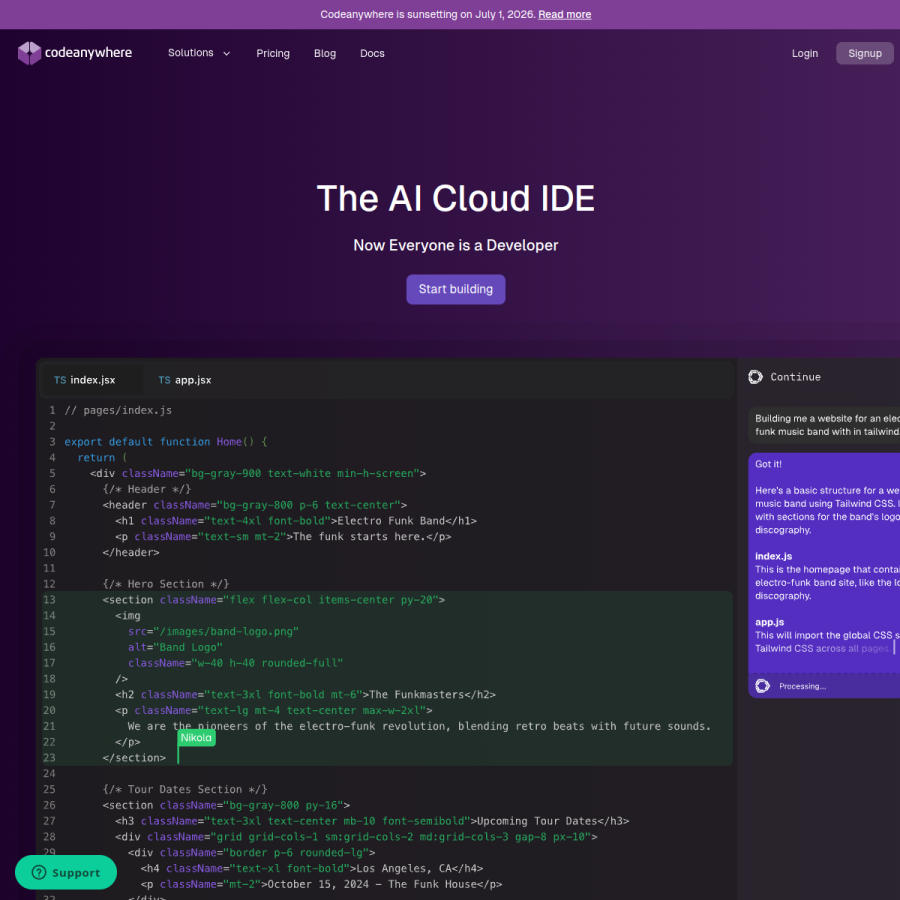 codeanywhere.com homepage screenshot