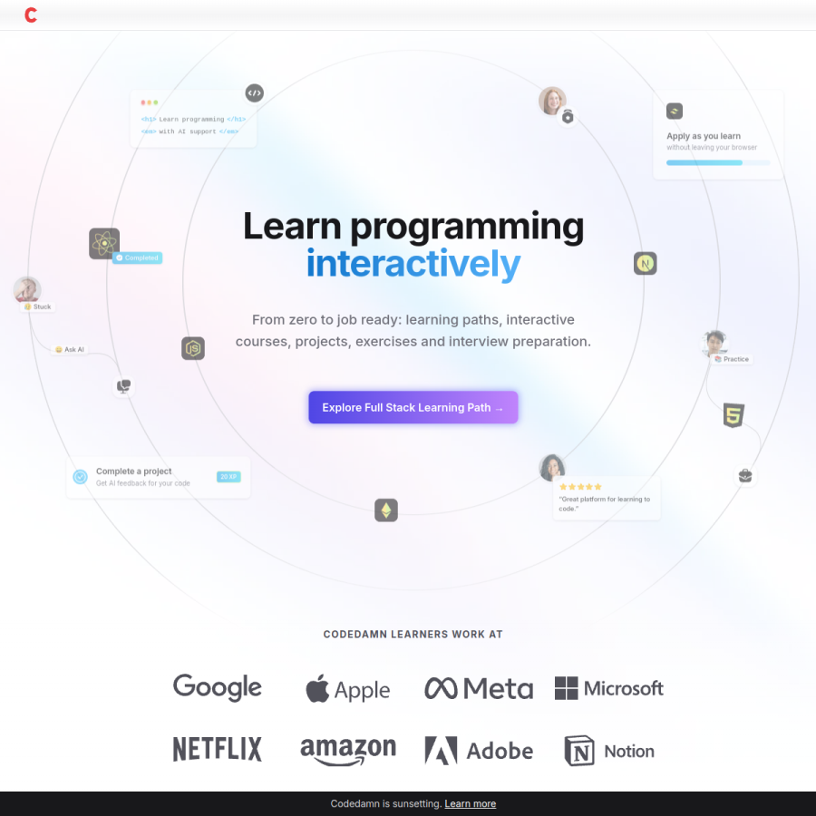 codedamn.com homepage screenshot