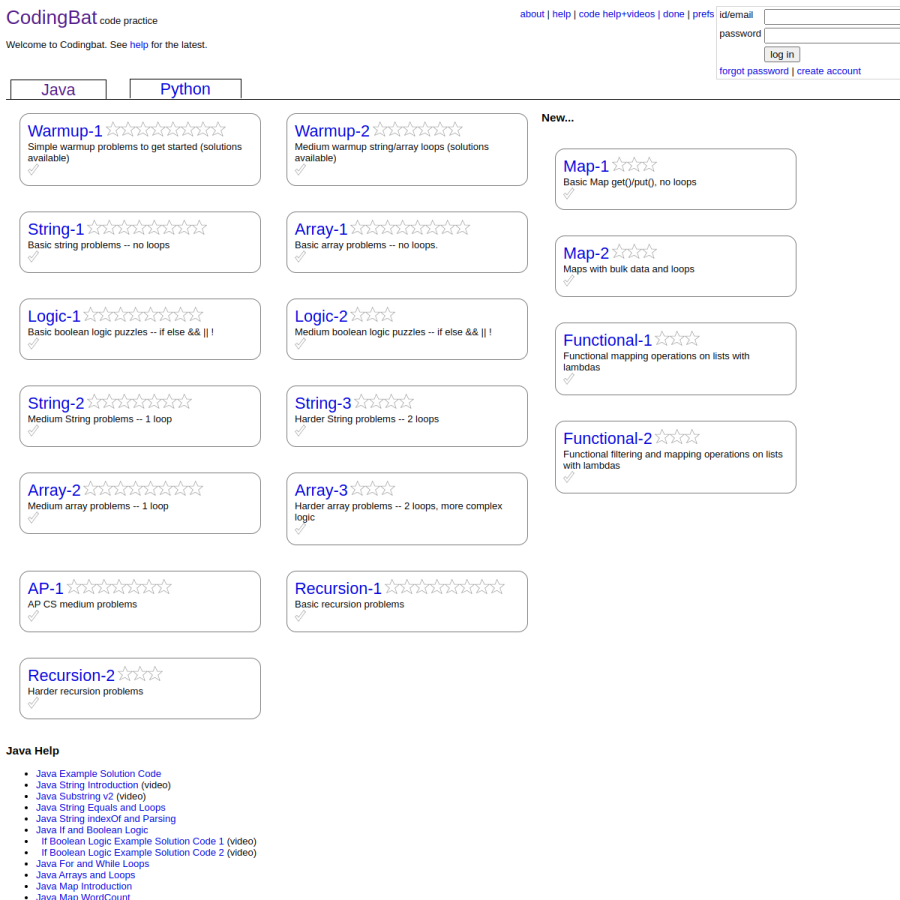 codingbat.com homepage screenshot