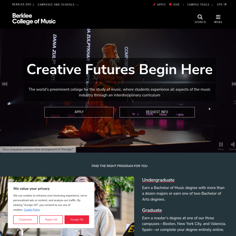 college.berklee.edu homepage screenshot