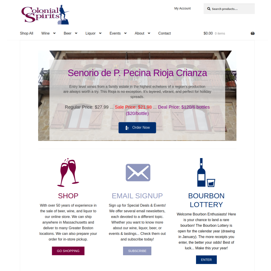 colonialspirits.com homepage screenshot