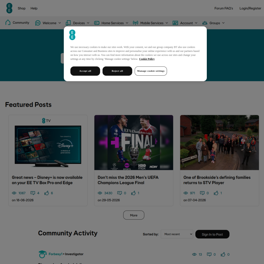 community.ee.co.uk homepage screenshot