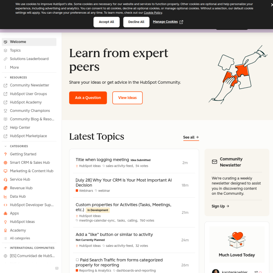 community.hubspot.com homepage screenshot