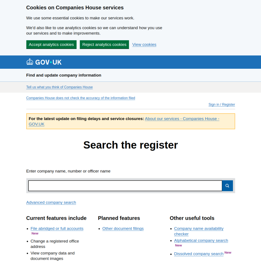 company-information.service.gov.uk homepage screenshot
