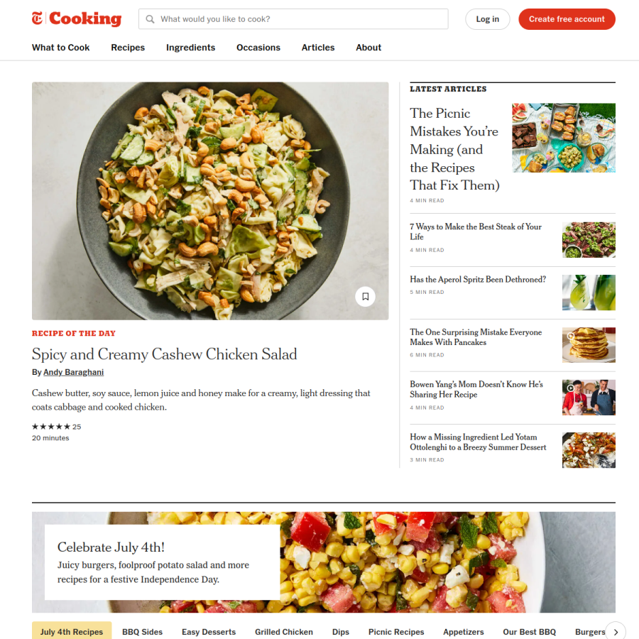 cooking.nytimes.com homepage screenshot