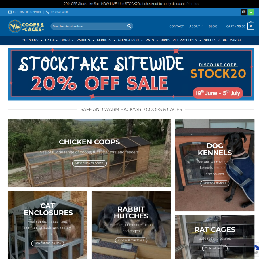 coopsandcages.com.au homepage screenshot