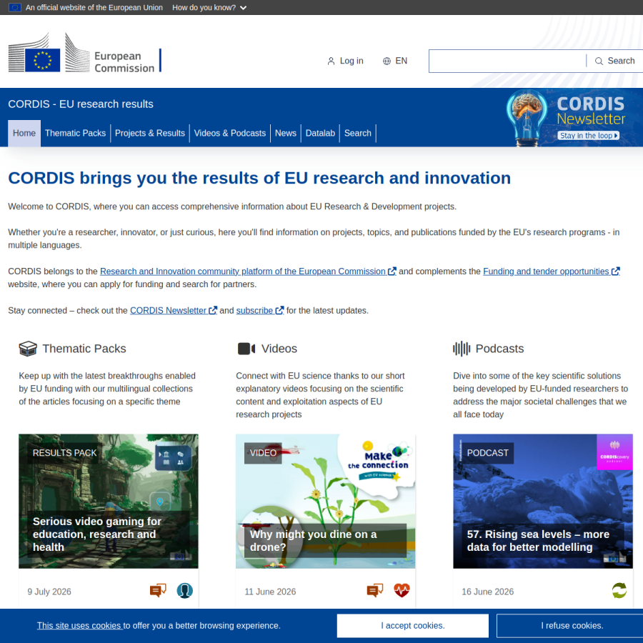 cordis.europa.eu homepage screenshot