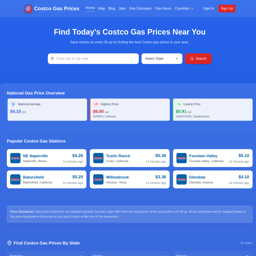 costcogasprices.com homepage screenshot