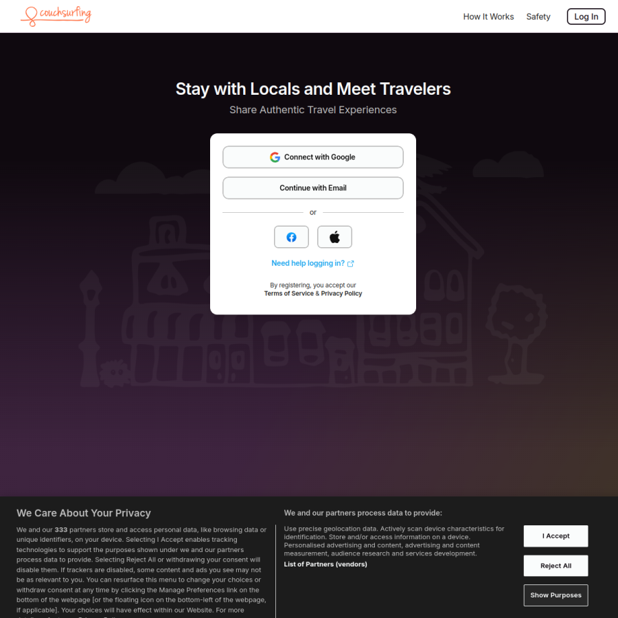 couchsurfing.com homepage screenshot