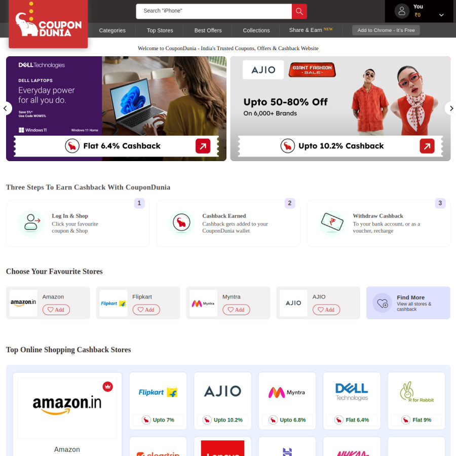 coupondunia.in homepage screenshot