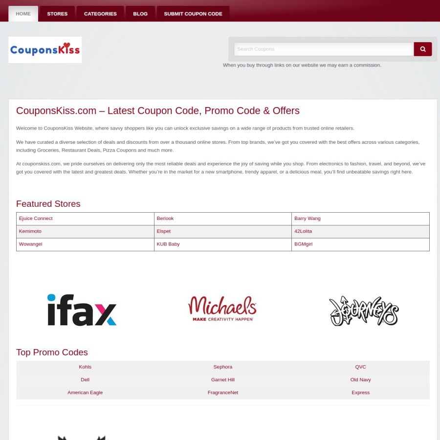 couponskiss.com homepage screenshot