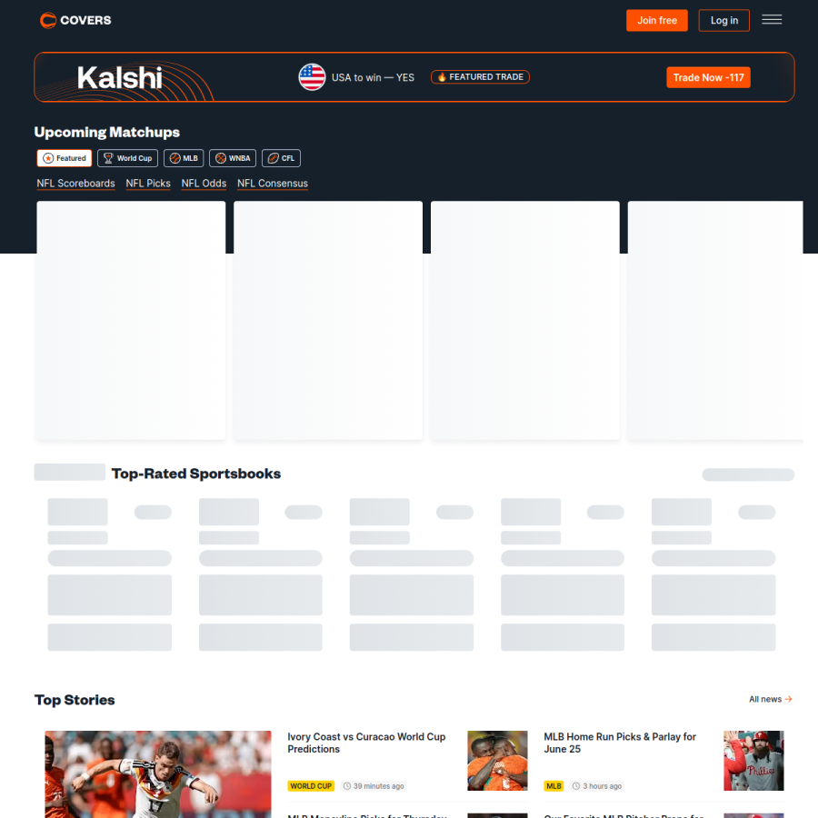 covers.com homepage screenshot