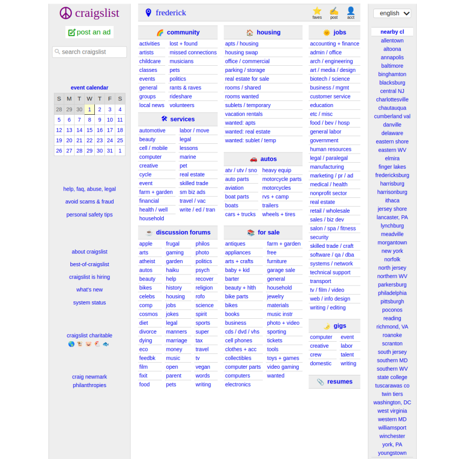 craigslist.org homepage screenshot