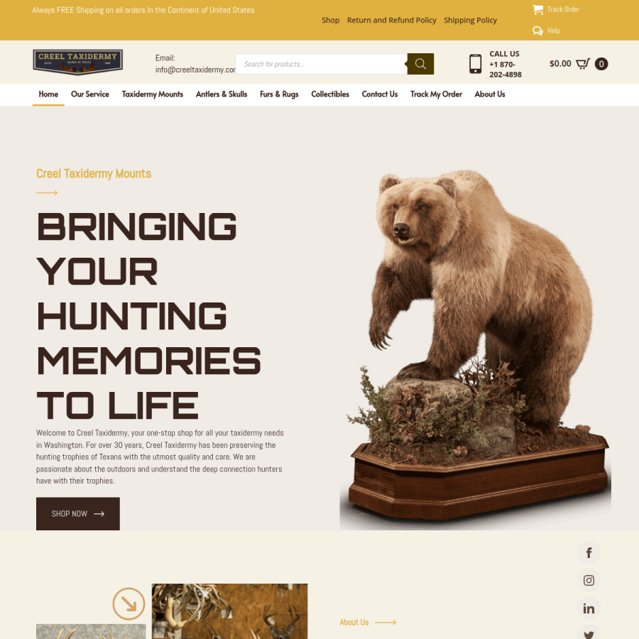 creeltaxidermy.com homepage screenshot