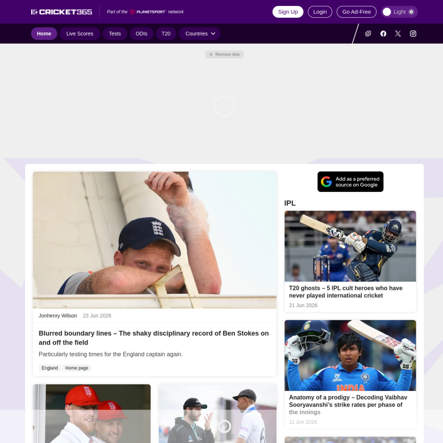 cricket365.com homepage screenshot