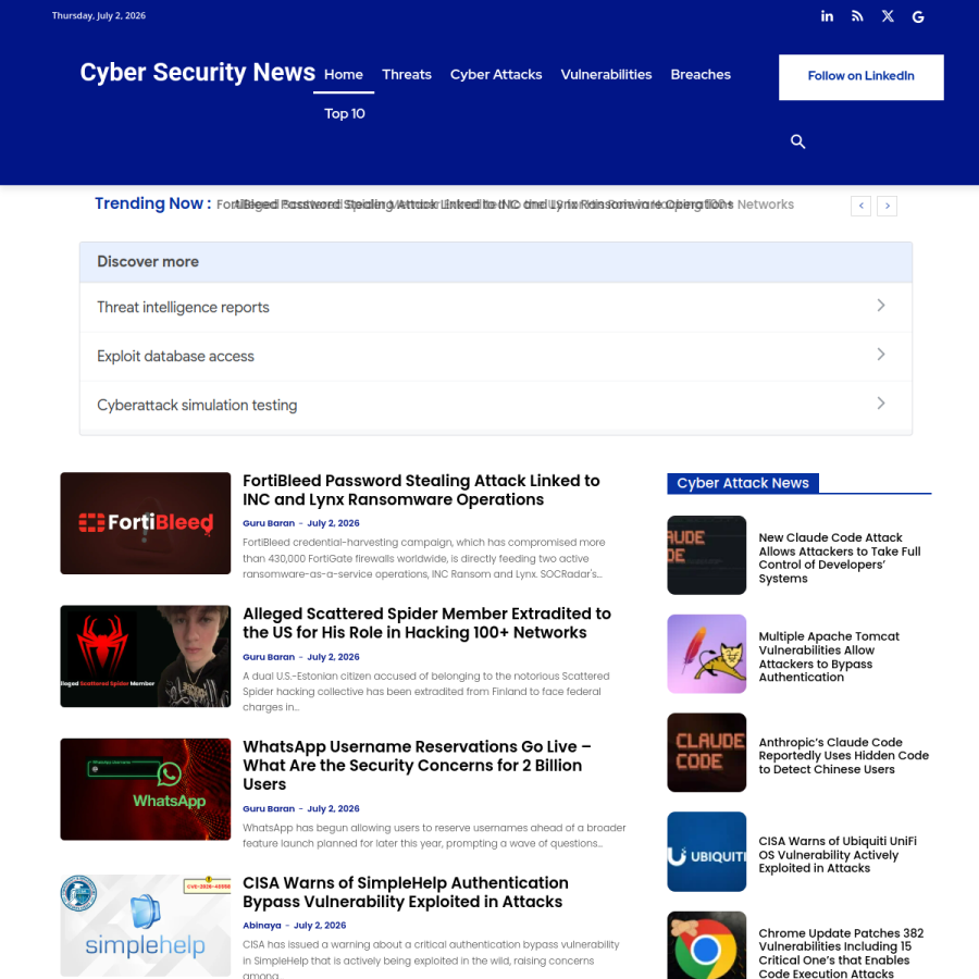 cybersecuritynews.com homepage screenshot