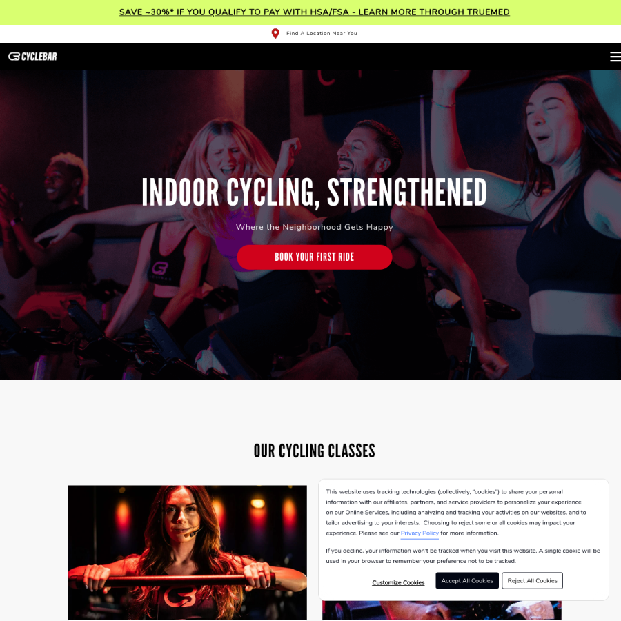 cyclebar.com homepage screenshot