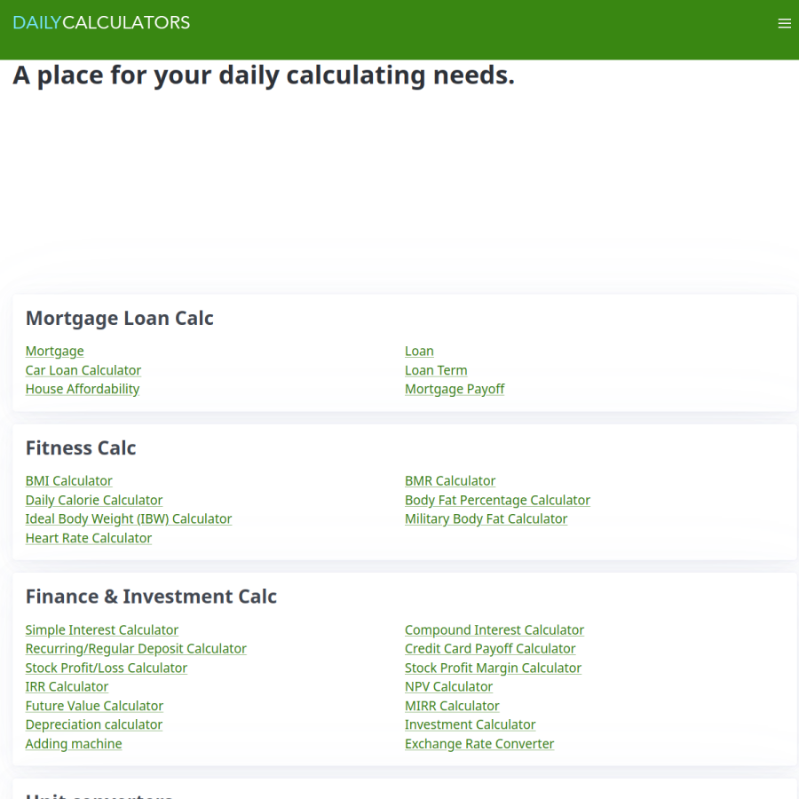 dailycalculators.com homepage screenshot