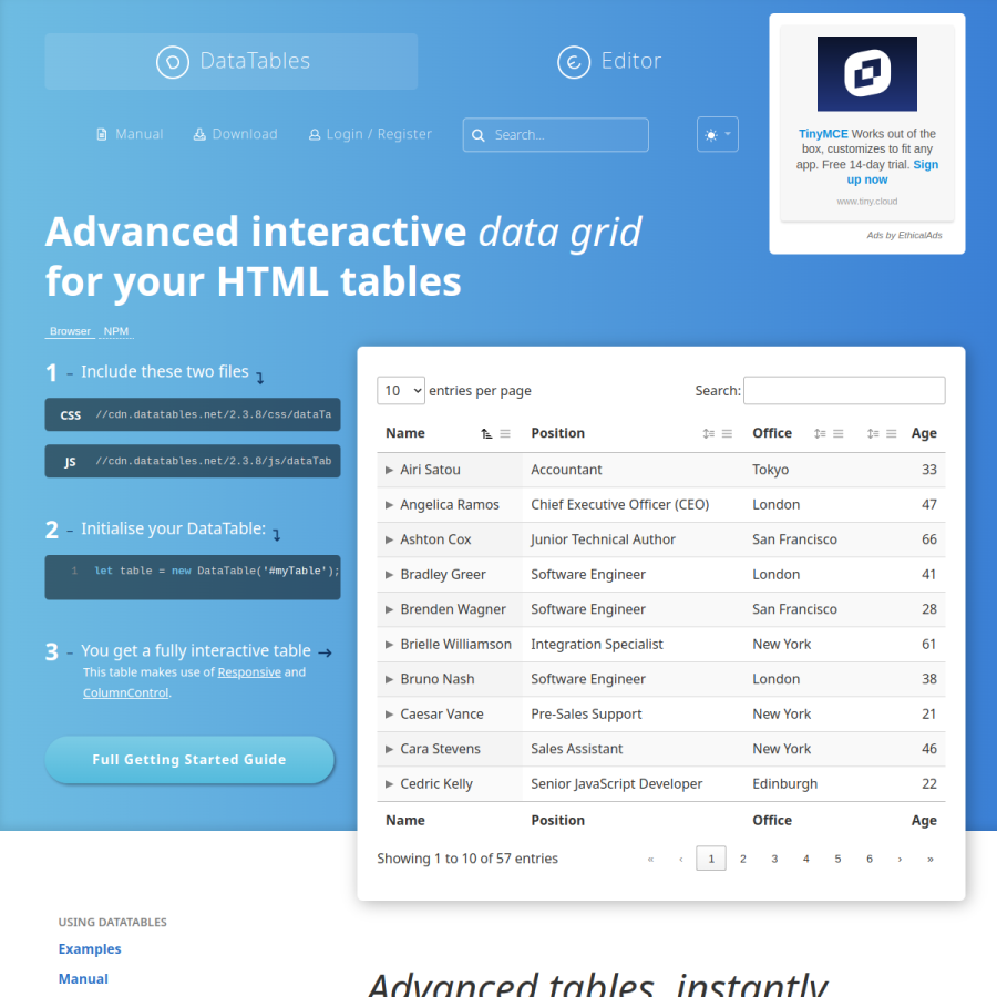 datatables.net homepage screenshot
