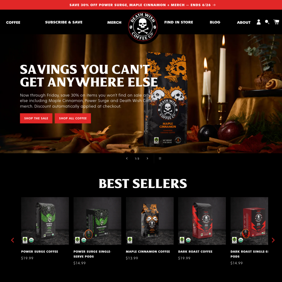 deathwishcoffee.com homepage screenshot