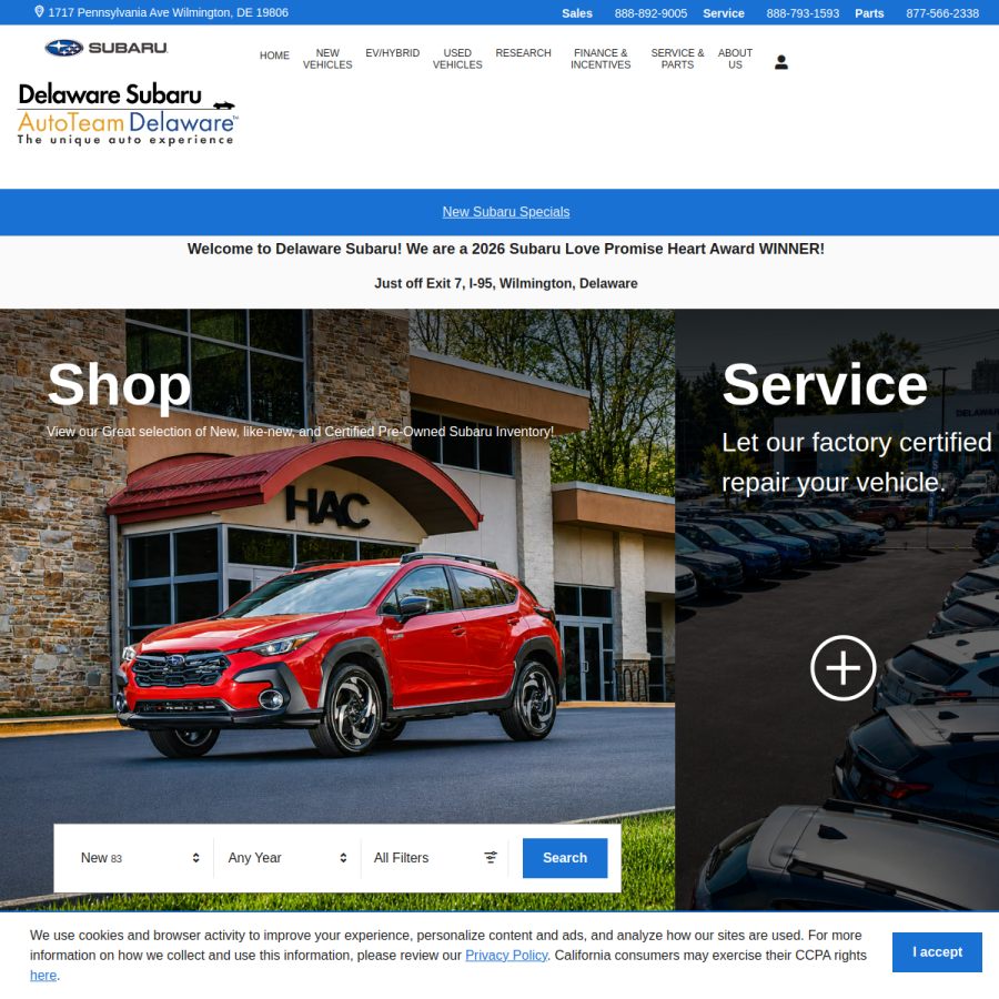 delawaresubaru.com homepage screenshot