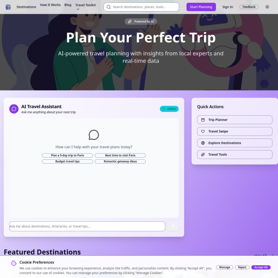 destinations.ai homepage screenshot