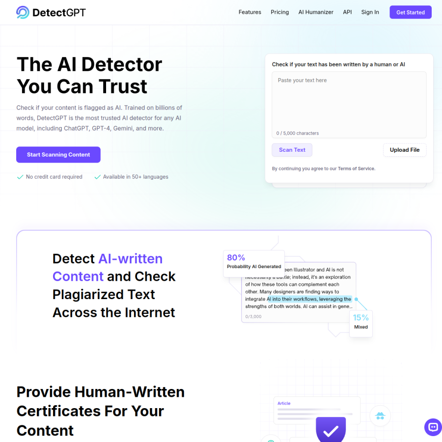 detectgpt.com homepage screenshot