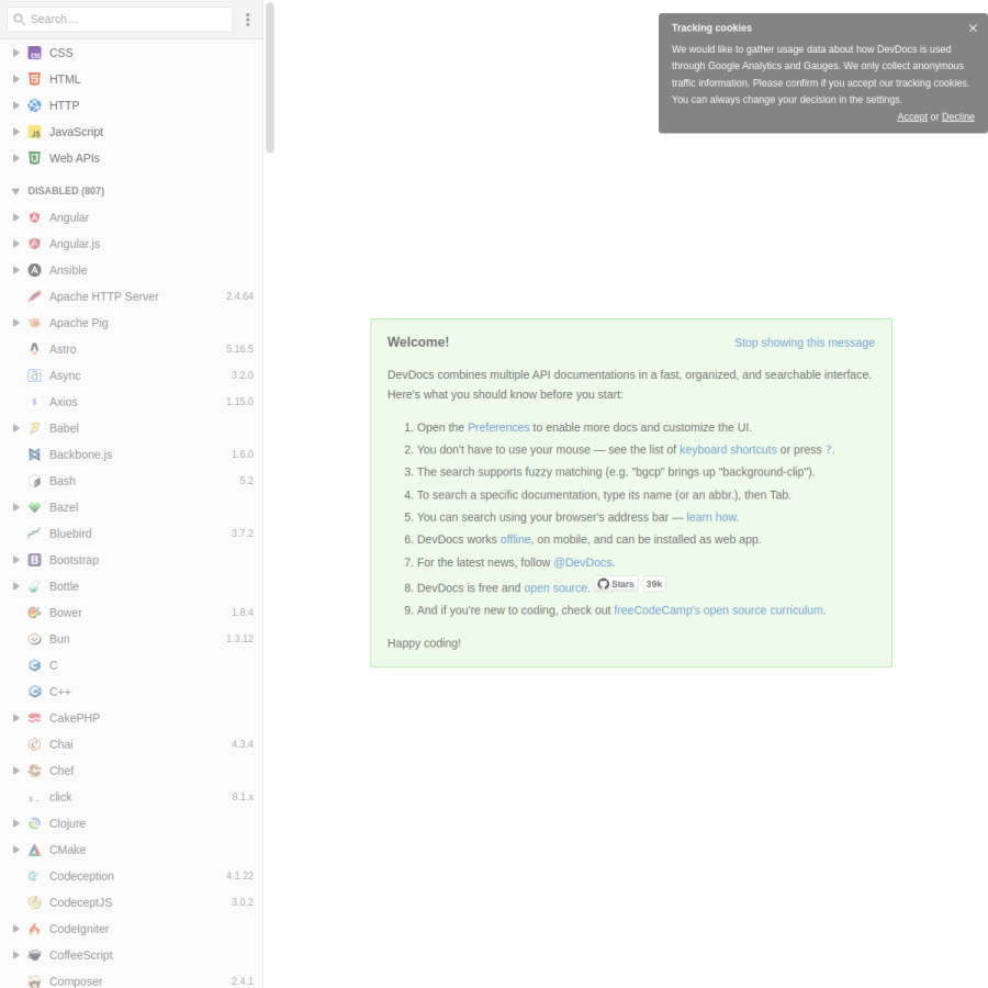 devdocs.io homepage screenshot