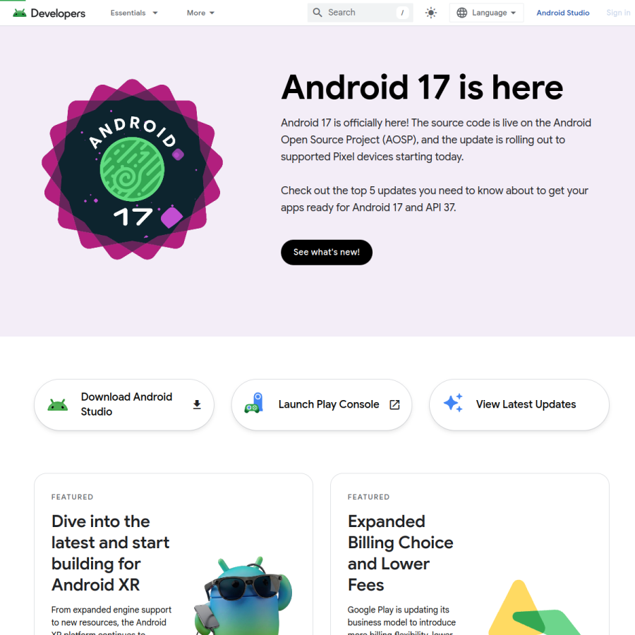 developer.android.com homepage screenshot