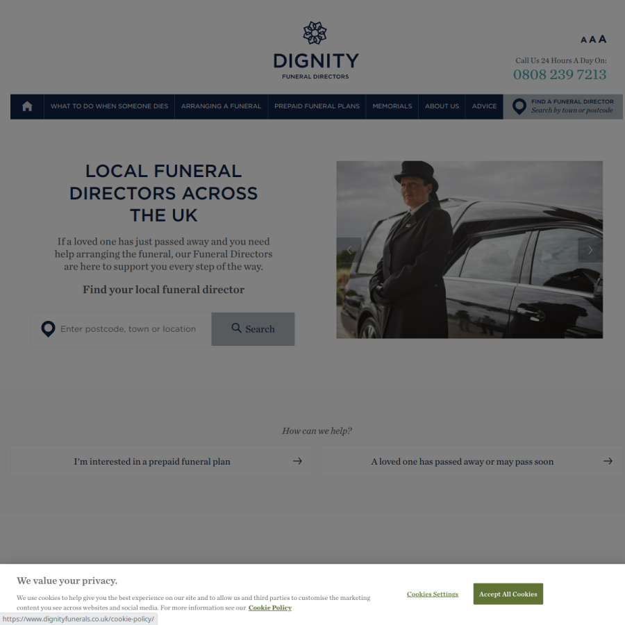 dignityfunerals.co.uk homepage screenshot