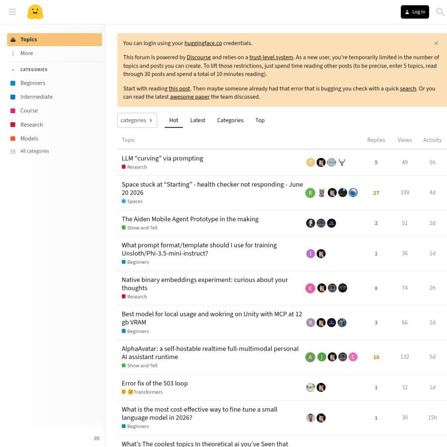 discuss.huggingface.co homepage screenshot