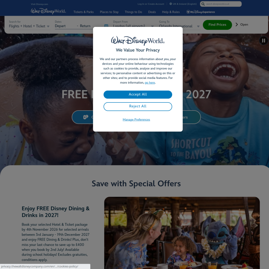 disneyworld.co.uk homepage screenshot