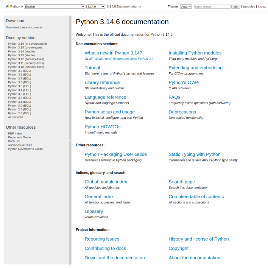 docs.python.org homepage screenshot