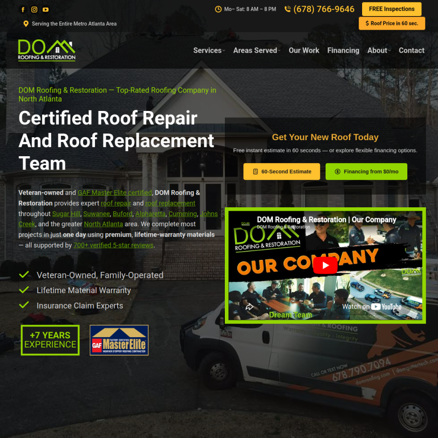 domroofing.com homepage screenshot